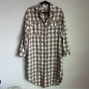 First Love Long Plaid Mocha Brown Shacket Size Small